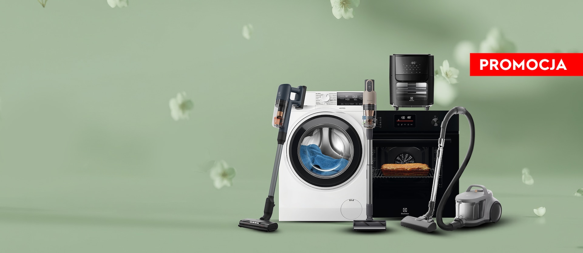 AGD od Electrolux na zielonym tle z białymi płatkami kwiatów